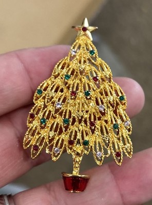 Vintage Signed EISENBERG ICE GoldTone Rhinestones Christmas Tree Brooch Pin