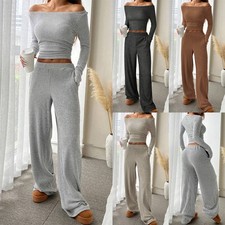 2PCS Womens Lounge Wear Tracksuit Ribbed Knit Casual Tops Wide Legs Pants Set R