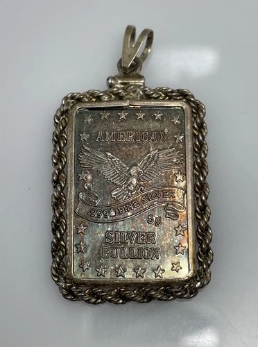 Vintage American Silver Bullion 5 Gram Art Bar Pendant in Rope Bezel 1I