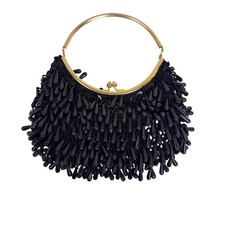 Vintage Black Beaded Evening Bag Gold Frame Kiss Lock Hand Made in Hong Kong