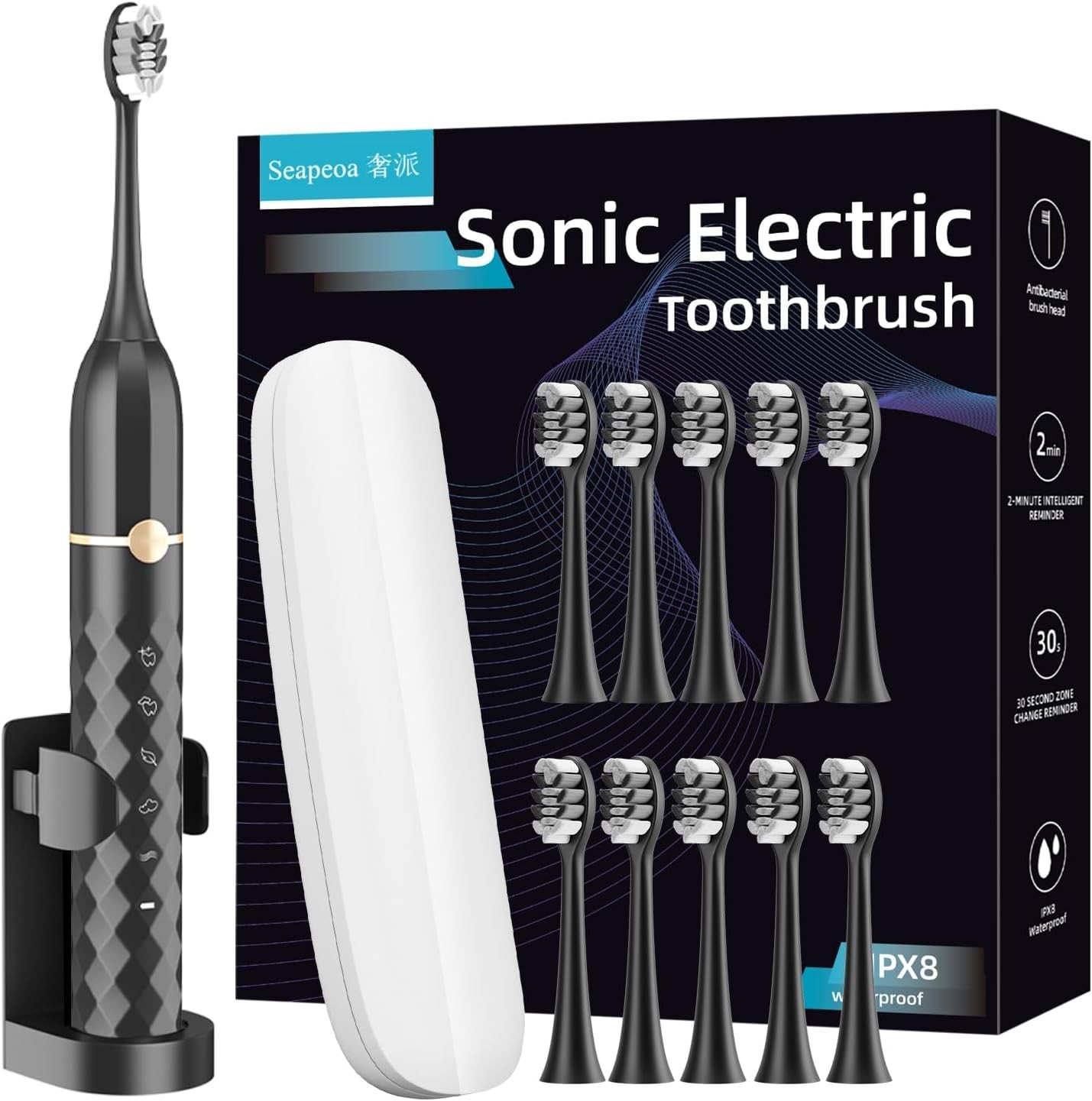 Seapeoa Sonic Electric Toothbrush Equipped with 10 Brush Hea