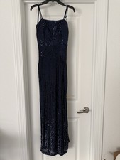 Navy Blue Sequin Lace Up Strappy Long Formal Gown with Side Slit, V-Neck, M