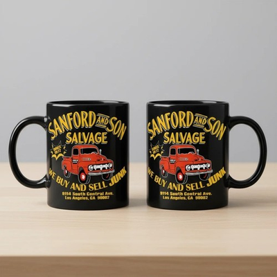 #ad Sanford and Son Mug Salvage Truck We Buy Sell Junk Black Ceramic $15.99