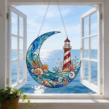 Lighthouse Moon Acrylic Suncatcher Nautical Stained Glass Window Hanging Gift
