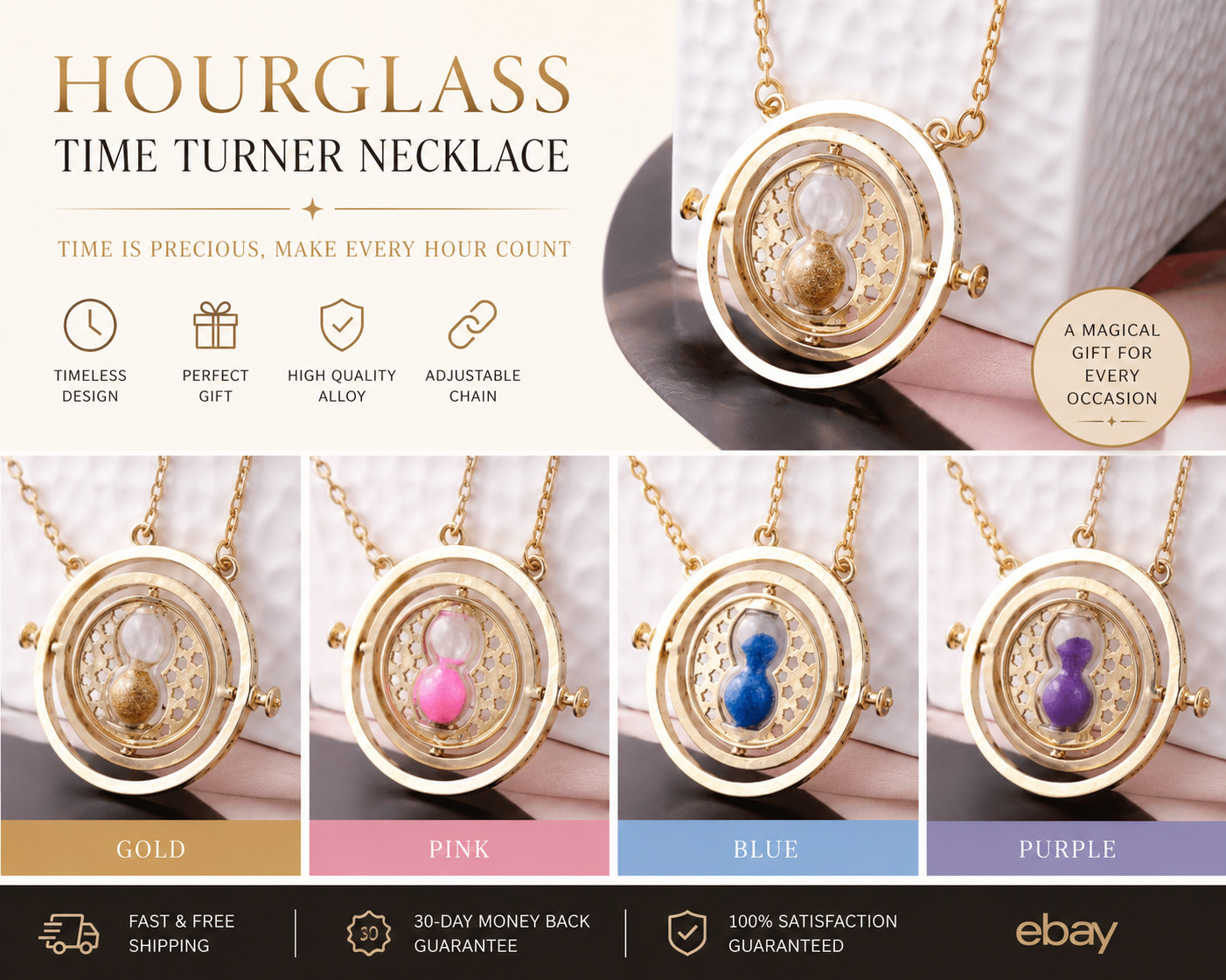 Harry Potter Inspired Necklace Time Turner Gold 360 Rotating Hourglass Pendant