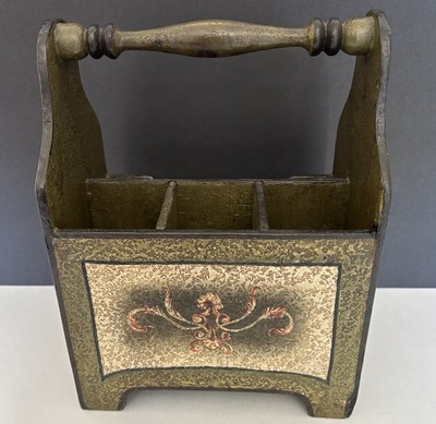 Vintage Wood Caddy Organizer Florintine Style Green Hand Painted Peru A& R
