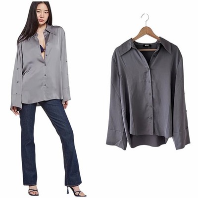 Apparis Silver Cement Kathy Vegan Silk Blouse Adjustable Sleeves Small