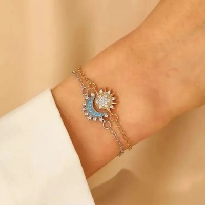 2 Stück Verstellbare Kupfer Armbänder Sonne Mond Stern Strass Geschenkset