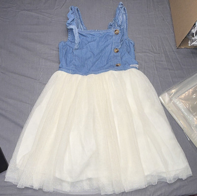 Calvin Klein Jeans Girls Size 7 Blue/White Denim & Tulle V-Neck Layered Dress