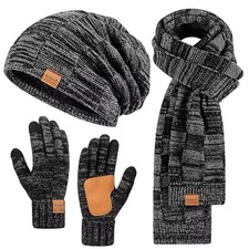 Mens Hat Gloves Scarf Set Winter, Slouchy Beanie 3 in 1 Warm Set, for Mix-black