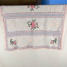 Vintage Handmade Crocheted Baby Blanket White Pink Blue Roses 32x28 Cottagecore
