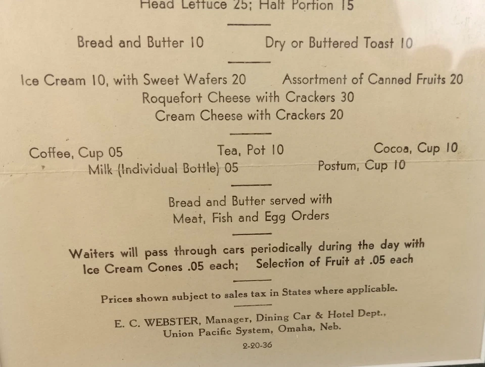 Original 1936 UNION PACIFIC RAILROAD Autocar y Coche Turístico Servicio Menú Comedor Foto 3 de 4
