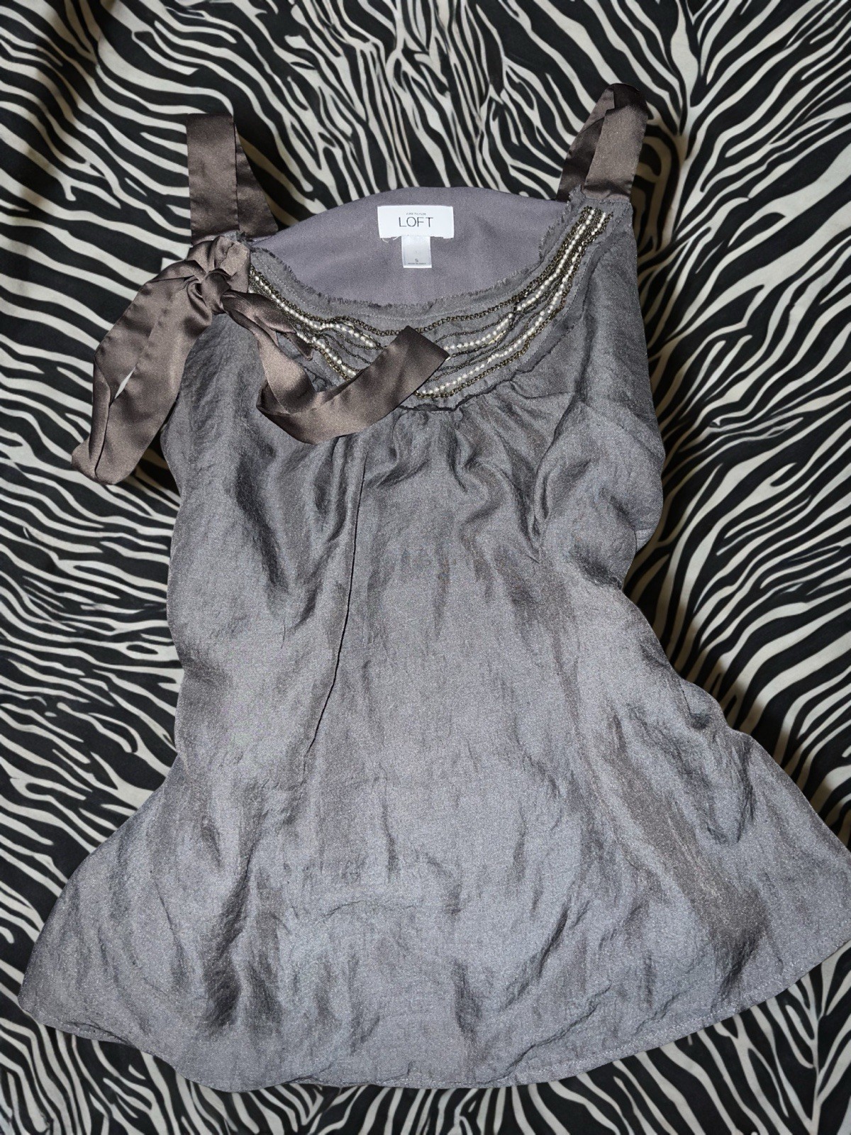 Silver Satin Beaded Blouse Women’s Size Small By The Loft Vintage Y2K 2000s