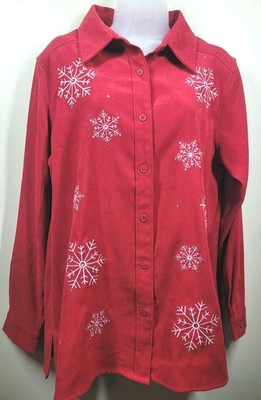 Womens Size M Christmas Red Button Up Shirt Top Embroidered Snowflakes Rhines