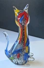 Vintage Art Glass Cat Figurine Murano Style Multi Color Silver Foil Aventurine