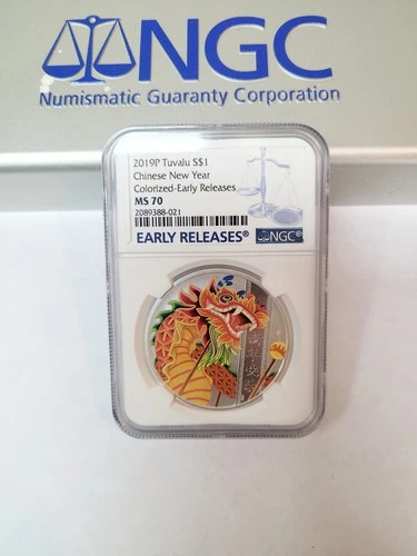 2019-P $1 Tuvalu Chinese New Year Dragon 1oz .9999 Silver Colorized NGC MS70 *SC
