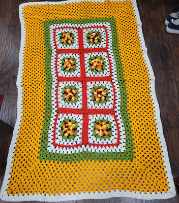 Vintage 45x58 Afghan Hand Crochet Granny Square 3D Flowers Orange Red Green Whit