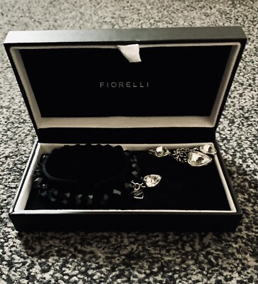 Fiorelli Black Elasticated Gemstone Charm Hearts bracelet Xmas gift set In Box