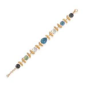 Authentic 14 Karat Gold Plated Multi Stone Bracelet Lovely Leaves! 6.5" + 1"