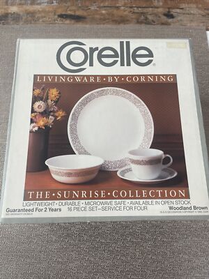 NOS Vintage Corelle Corning Living Ware 16 Pc. Set Woodland Brown Service for 4