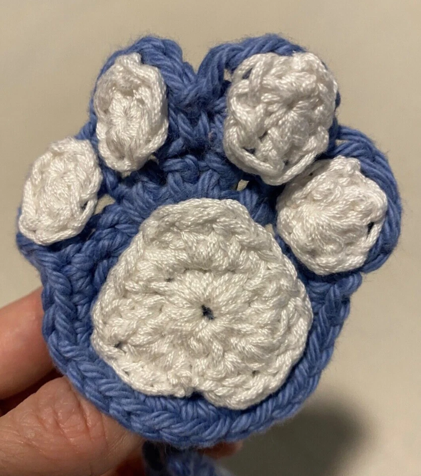Handmade Crochet Baby Pacifier Strap Clip Holder Puppy Paw Foot Blue & White - Image 3 of 4