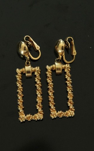 Vtg TRIFARI Crown Gold Tone Modern Art Deco Rectangle Clip-On Dangle EARRINGS - Picture 7 of 8