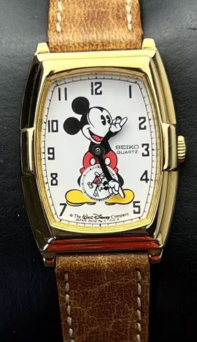 Vintage Neu mit Etikett 1987 Seiko Mickey Mouse Damen 30 mm Quarzuhr gold weißes Zifferblatt
