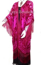 Fuchsia Silk Burnout Velvet Fringe Jacket Kimono Duster Maya Matazaro Plus