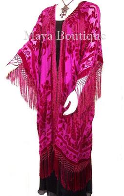 Fuchsia Silk Burnout Velvet Fringe Jacket Kimono Duster Maya Matazaro Plus 