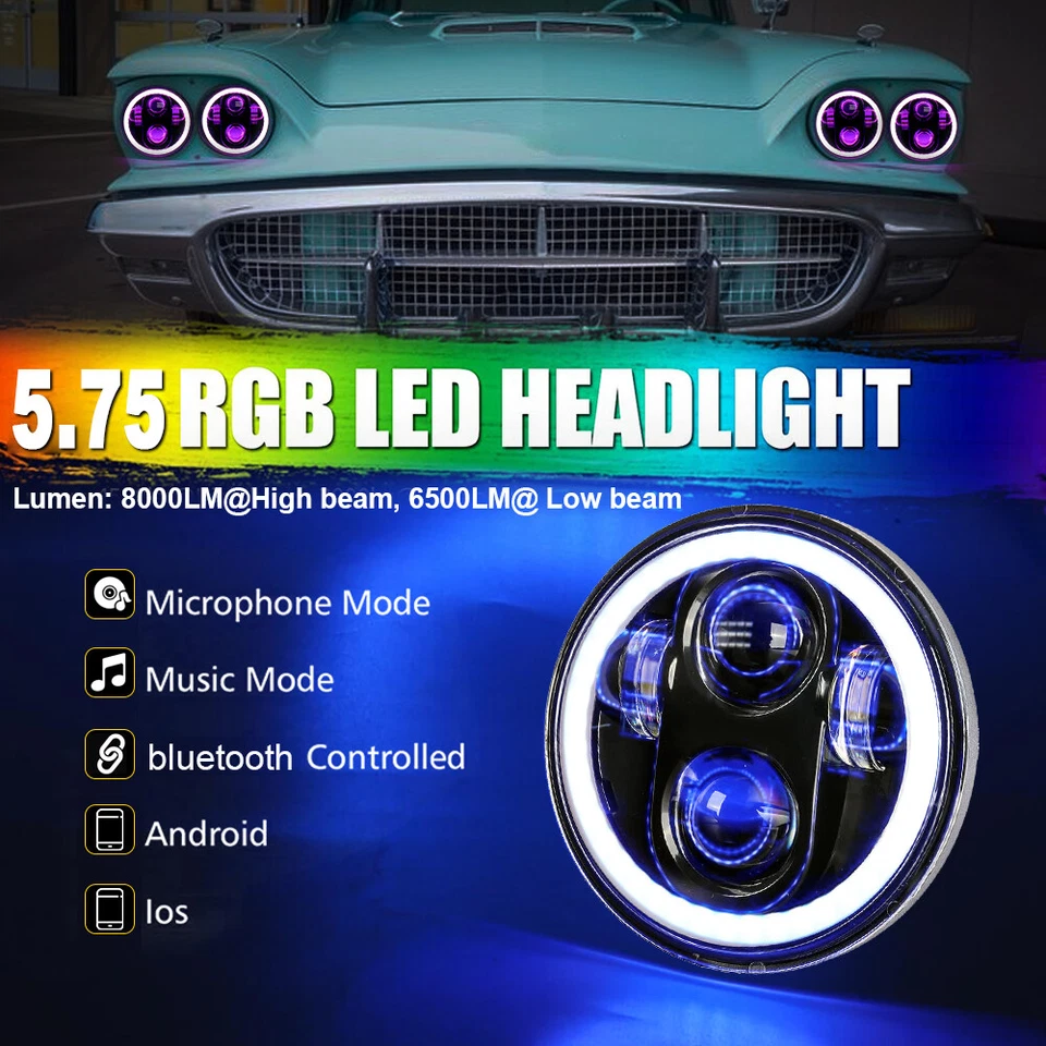 4x 5.75" LED Headlights Hi/Lo RGB Angel Eyes bluetooth for 1958-60 Edsel Ranger - Image 2 of 4