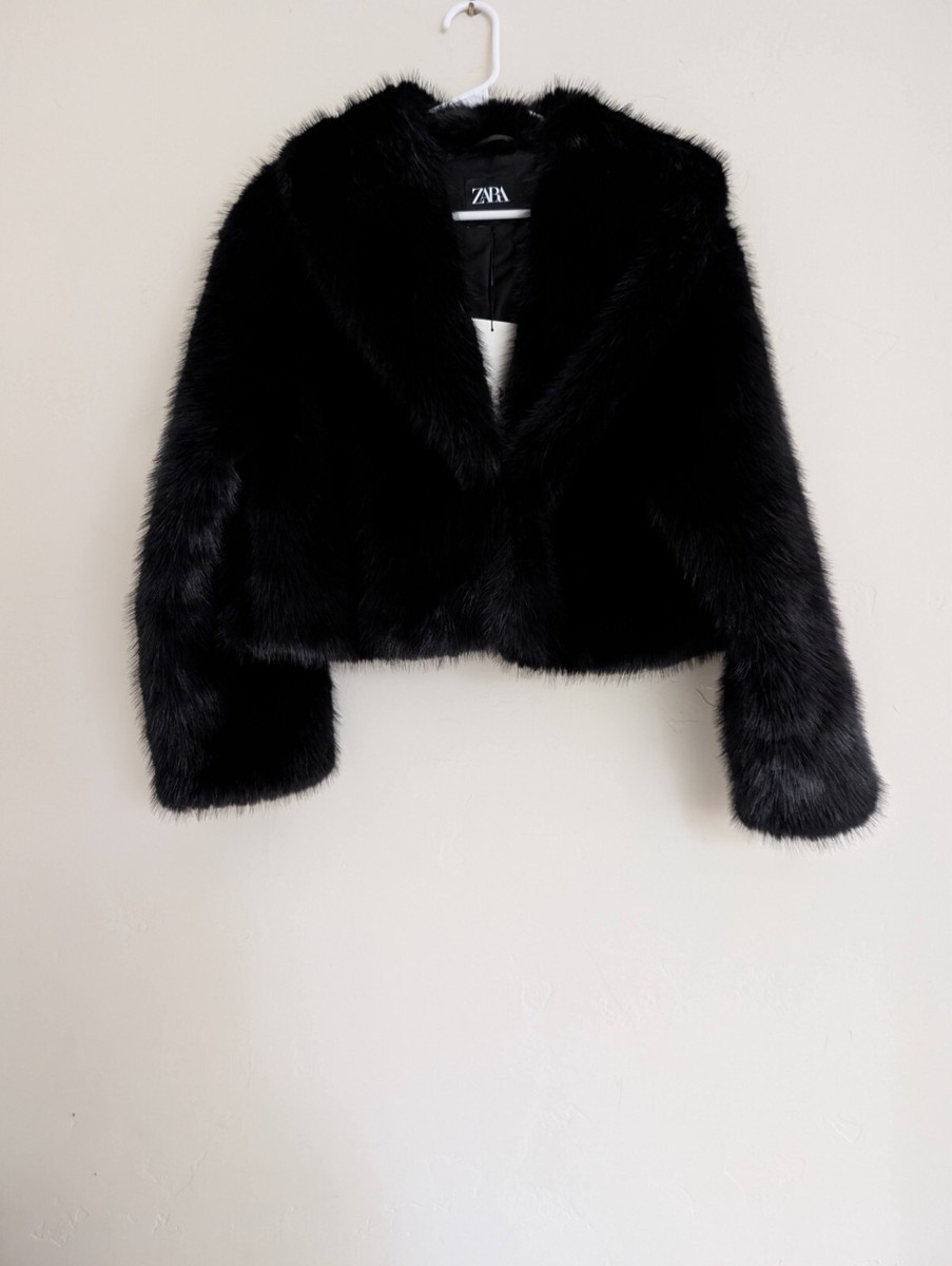 ZARA NEW WOMAN SHORT FAUX FUR JACKET COAT BLACK 6318/247 XS M L | eBay