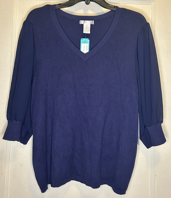 Design History Size 2X Navy Davina Woven 3/4 Sleeve V-Neck Women’s Sweater NWT