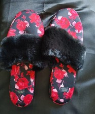 Victoria Secret Satin Women's Slippers Floral Rose Black Red Pink Fur Large 9 10
