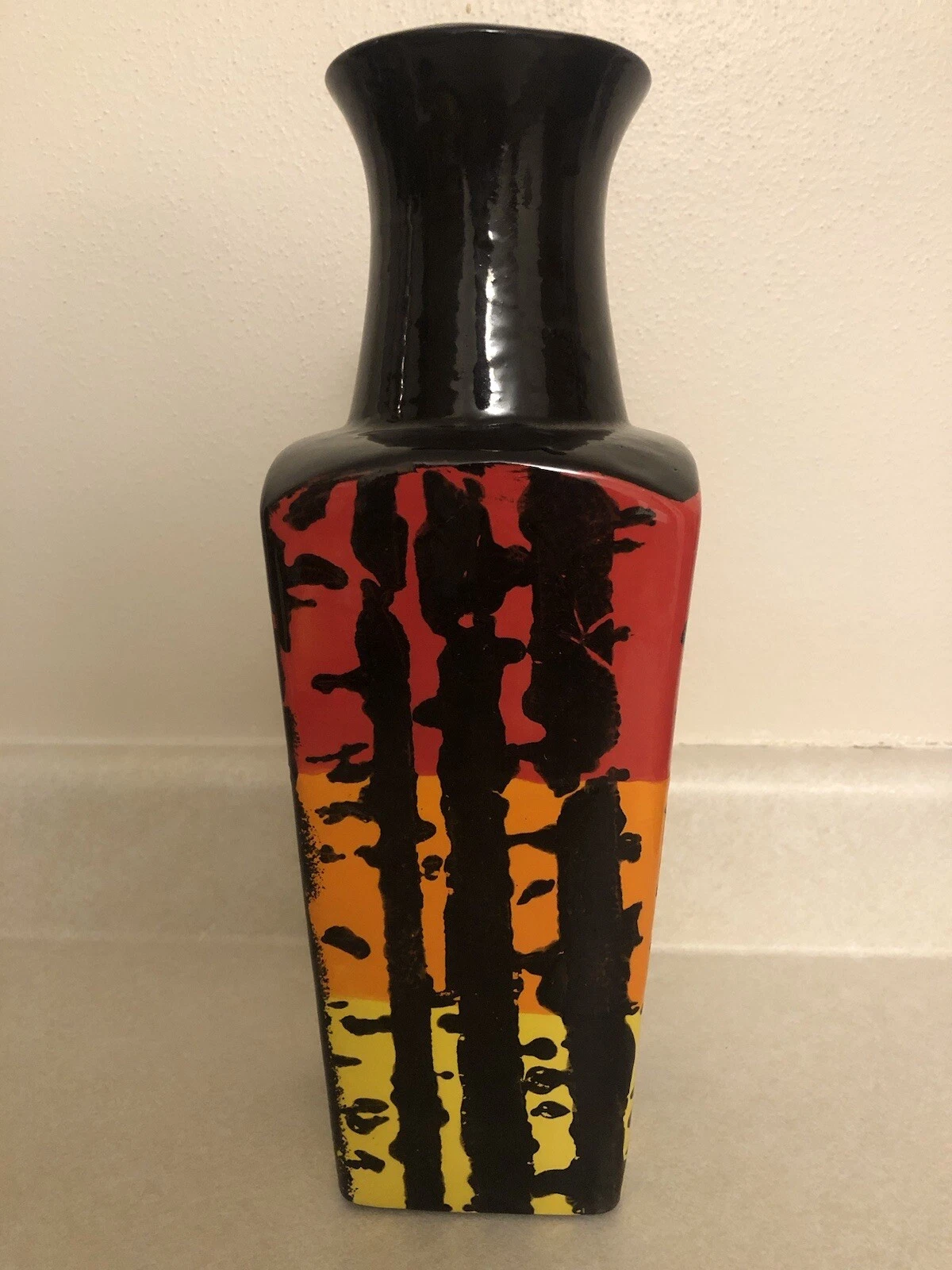JR 2017 Vase. Unique. Black Background Colorful Birch Trees. One Of A Kind