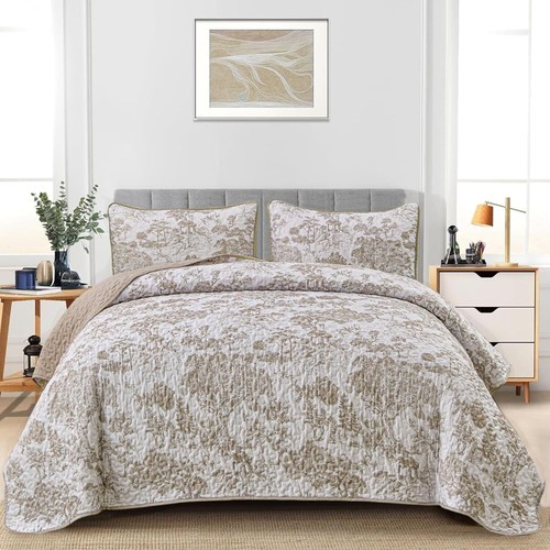 WONGS Queen 3-Pc Botanical Quilt Set-Toile Floral Microfiber Coverlet All Season - Picture 27 of 103
