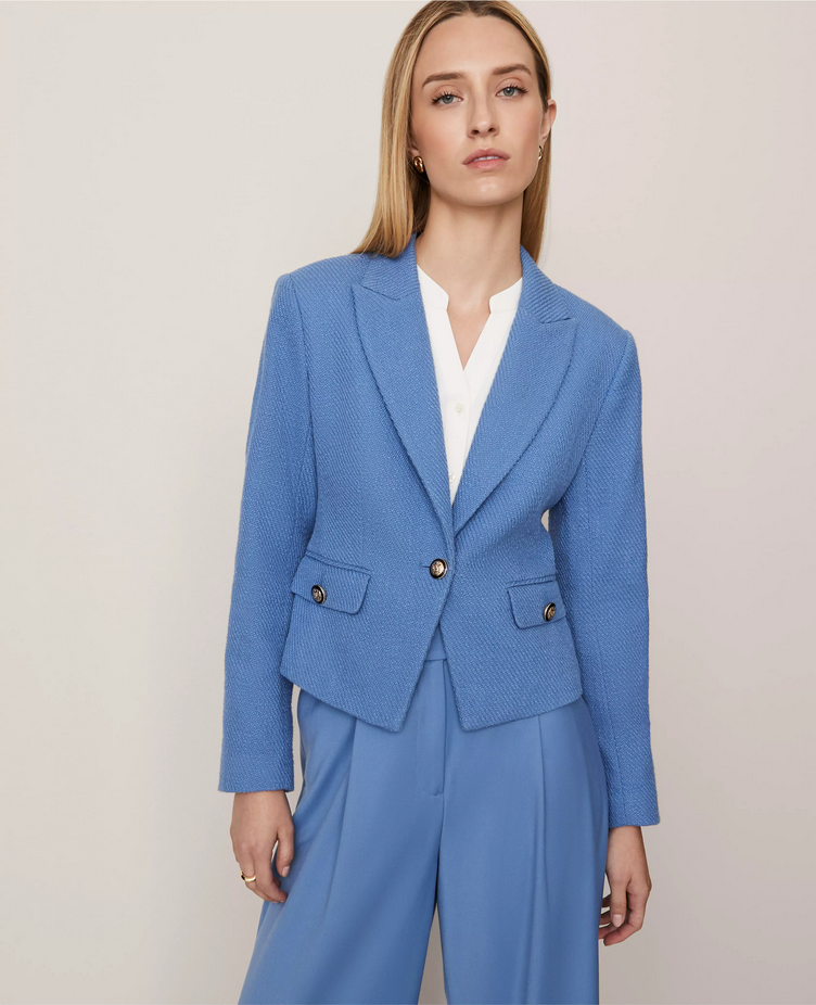 NEW ANN TAYLOR $179 COOL CASCADES BLUE TWEED CUTAWAY BLAZER SZ 2