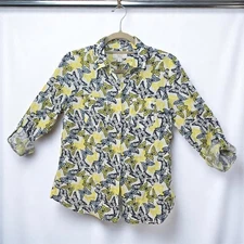 Charter Club Shirt Woman Size PP Linen Button Down Butterfly Print Roll Sleeve