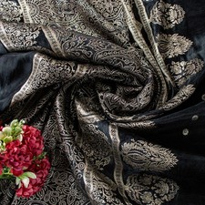 Sanskriti Vintage Black Pure Satin Sarees Banarasi Brocade Zari Handwoven 5 Yd