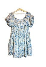 MinkPink Alba Broidery Eyelet Floral Off Shoulder Blue & White Mini Dress Large