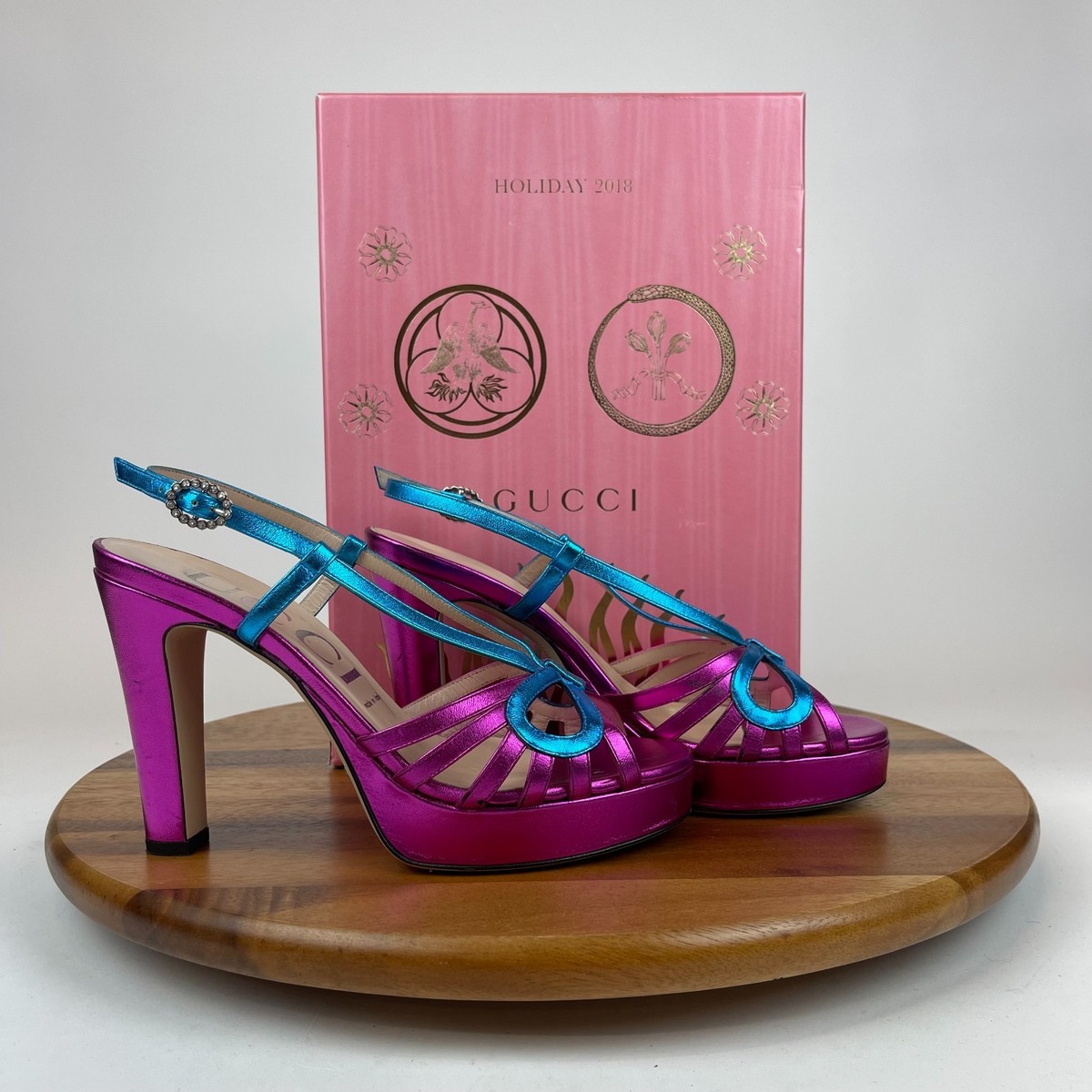 Womens Gucci Holiday 2018 Crystal Zephyra Platform Metallic Heels