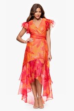 Xscape Coral Orange Pink Organza Floral High Low Gown Size 14W $258