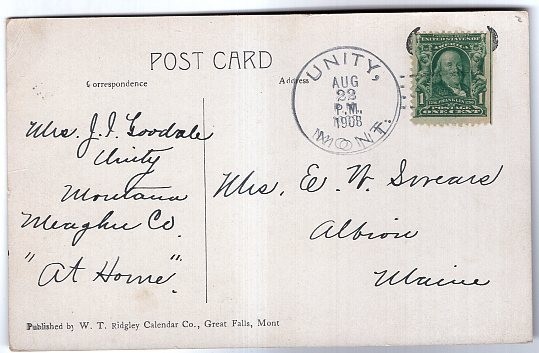 Unity Montana 1908 Doane Cancel Postcard.
