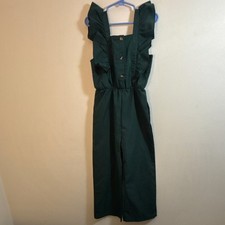 SHEIN Girls Green Solid Jumpsuit Ruffle Sleeveless Square Neck Button 7Y