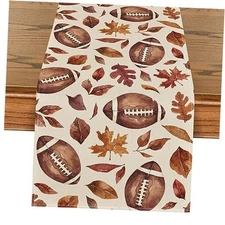  Rugby Maple Leaves Football Fall Table Runner, 13" x 108", Table Runner Brown