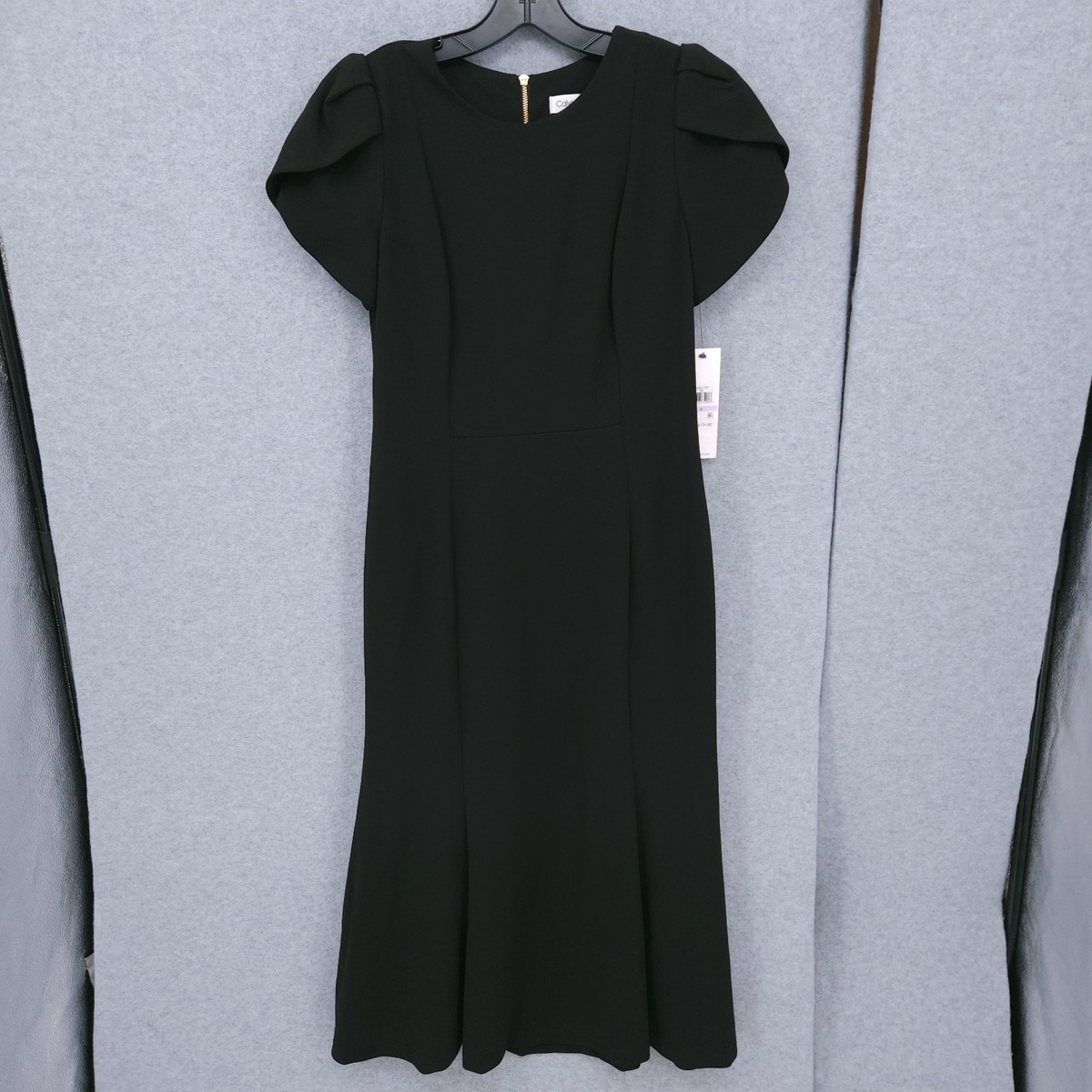 Calvin Klein Tulip Sleeve Crepe A Line Black Midi Dress Womens Size 6 NWT