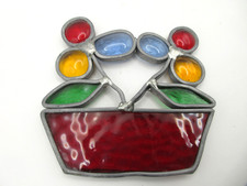 Vtg 4" Artisan Stained Glass Floral Sun Catcher Flowers in Red Pot Art Hand Made