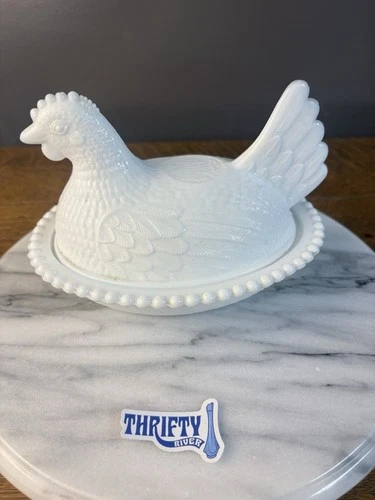 Vtg. Indiana White Milk Glass Chicken Hen on Nest Covered Bowl Candy Dish