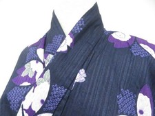JAPANESE KIMONO YUKATA NAVY BLUE 163.5cm 5 ft 4 in COTTON AA7949