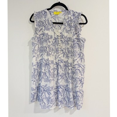 Roller Rabbit Cotton V Neck Palm Print Tunic Tank Top Blue White Size XS