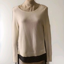 LOFT Women's White Waffle Knit Blue Faux Layered Floral Side Tie Sweater Size XS